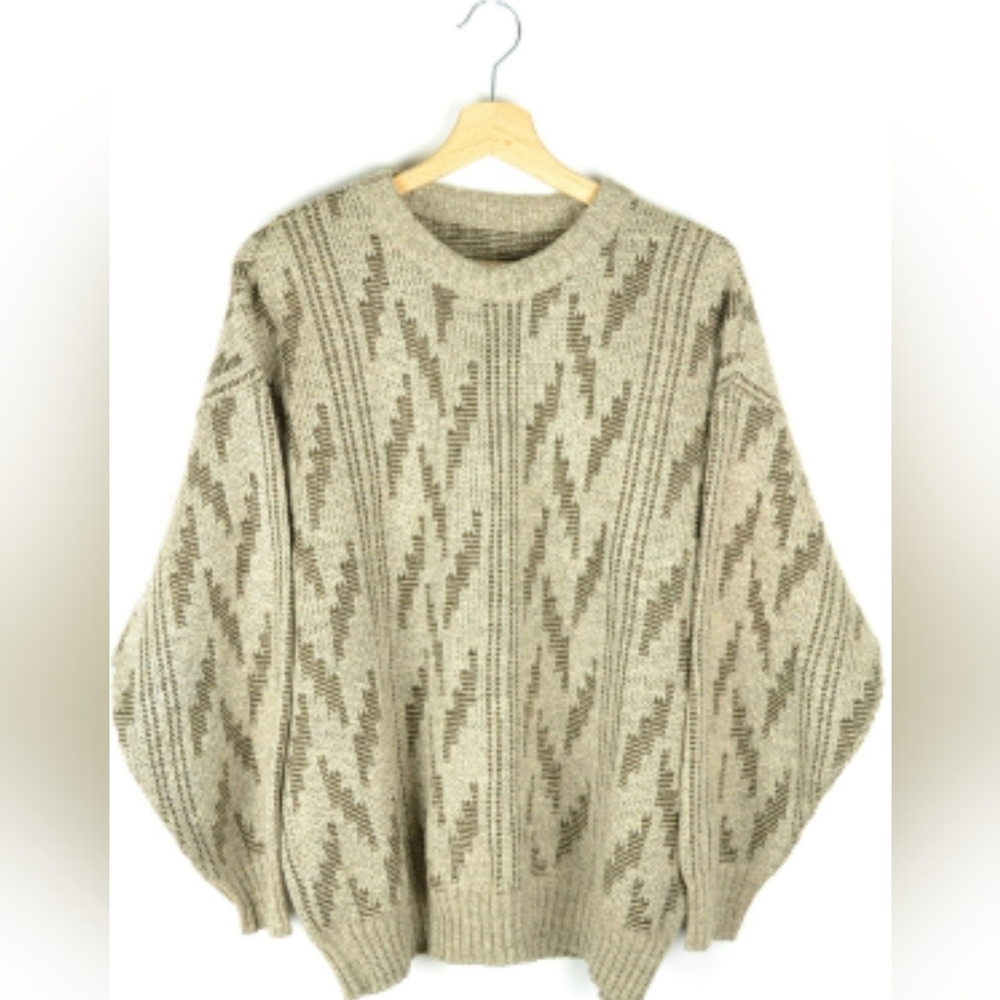 Oversized Downtown Retro Striped Patterned Sweater Men's Size L Beige & Brown
